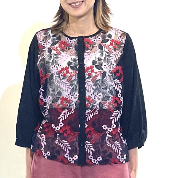 画像1: 刺繍入り　チュールレース　クルーカーデ (1)