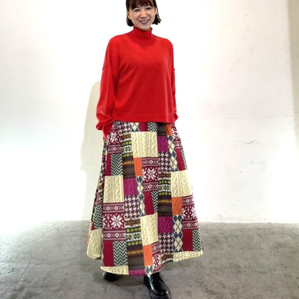 画像2: パッチワーク柄　ウエストリブ　ロングスカート (2)