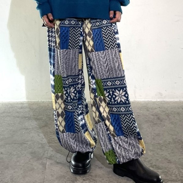 画像7: パッチワーク柄ウエストリブ　裾ドローストリングパンツ (7)