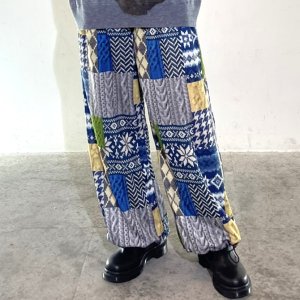 パッチワーク柄ウエストリブ 裾ドローストリングパンツ - cocora