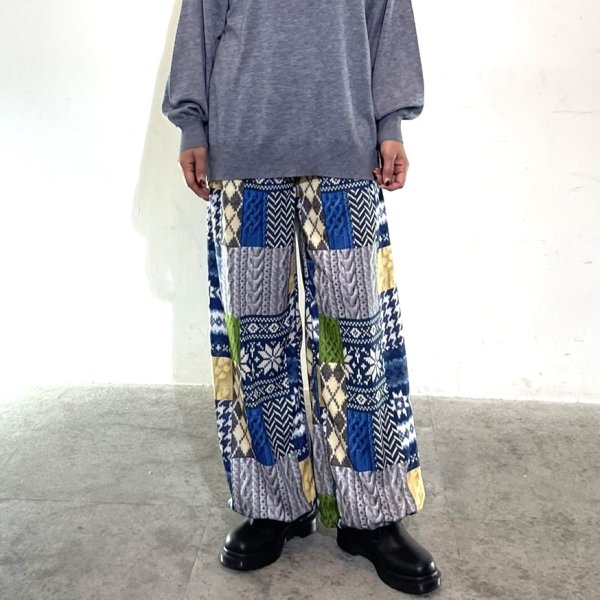 画像2: パッチワーク柄ウエストリブ　裾ドローストリングパンツ (2)