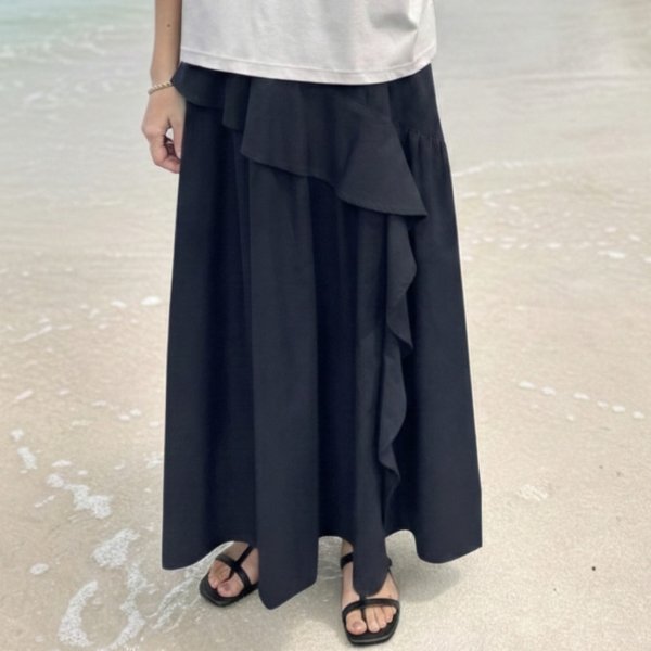 画像1: アシンメトリーフリルロングスカート (1)